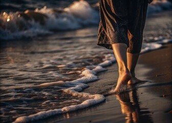 Person Walking Barefoot on the Beach A person walking along the shoreline, the waves gently washing over their feet as they enjoy the solitude.