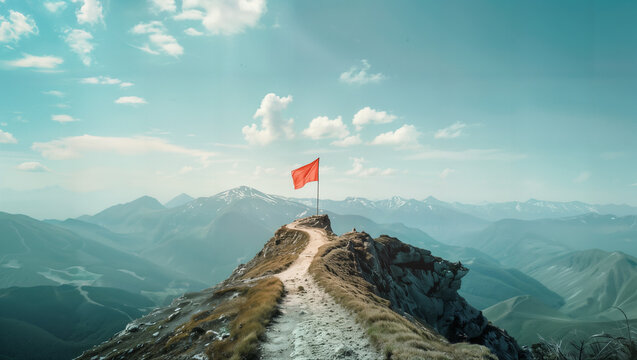 Road going to flag on mountain top, Business goals achievement concept