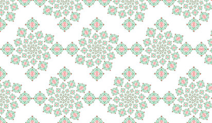 Hmong ethnic pattern, a spiral pattern that forms green and red flowers, used in clothing design.