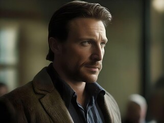 Elegant Mid-Adult Man with Facial Hair, Wearing a Suit and Shirt, in a Profile Portrait in the Office with a Bokeh Effect