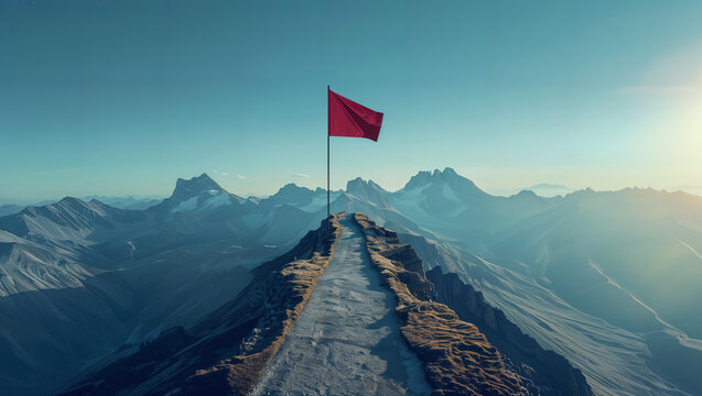 Road going to flag on mountain top, Business goals achievement concept