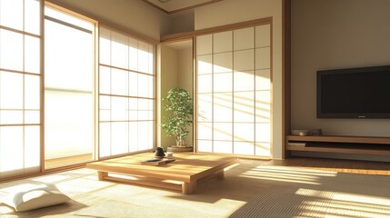 Traditional Japanese living room with sliding shoji doors, a low table, and simple, natural materials.