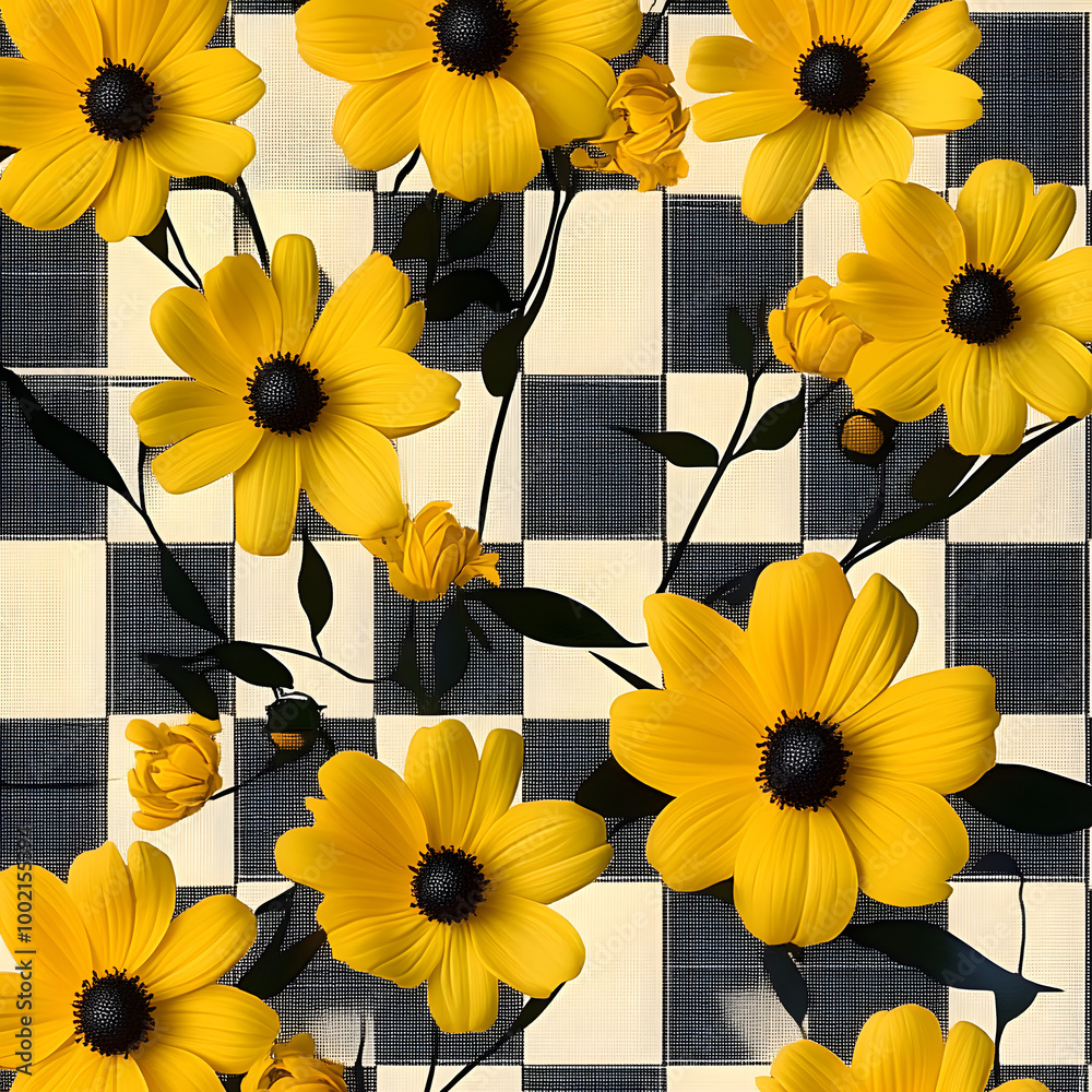 Wall mural Yellow flowers on checkered pattern background.