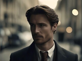 Handsome and Neat White Man Wearing a Suit, Shirt, and Necktie, in a City Portrait with His Face Looking to the Side