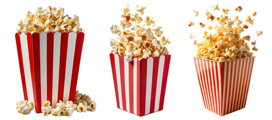 Popcorn flying in the air, popcorn bucket, Falling popcorn in the box on a transparent background