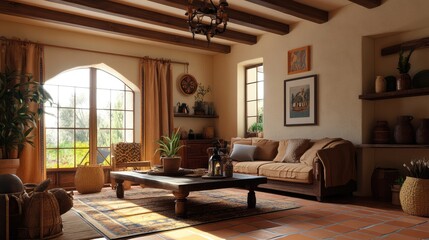 Fototapeta premium Living room with exposed beams, terracotta tiles, and warm, rustic tones.