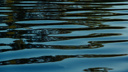 Dark blue lake water with reflection and iridescent patterns