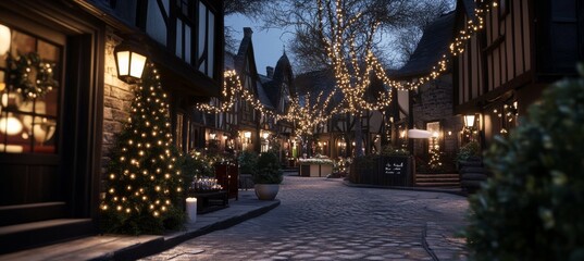 Obraz premium A picturesque village street lit with glowing festive lights, showcasing charming Tudor-style buildings and inviting snowy paths at twilight.