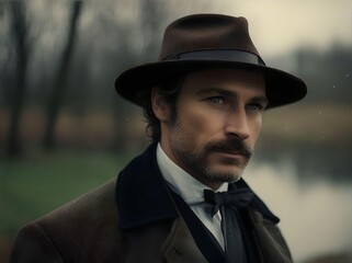 Mid-Adult Man Dressed in Detective Outfits, Posing for a Portrait, Standing Near the Lake in the Forest