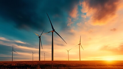 Obraz premium Wind turbines at sunset against a dramatic sky