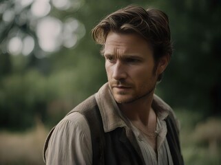 Simple Headshot Portrait of a Country Man Looking to the Side in the Forest, Wearing a Shirt and Sleeveless Vest