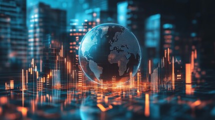 A digital globe surrounded by glowing data graphs, symbolizing global finance and technology in a futuristic cityscape.