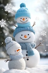 This image depicts a whimsical snowman stack, each adorned with colorful hats and scarves, surrounded by falling snow and wintry trees.