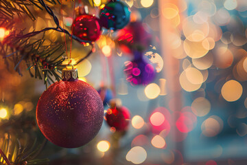 Obraz premium Christmas greeting card with bright winter holiday composition and New Year background