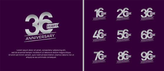 set of anniversary logo flat silver color on purple background for celebration moment