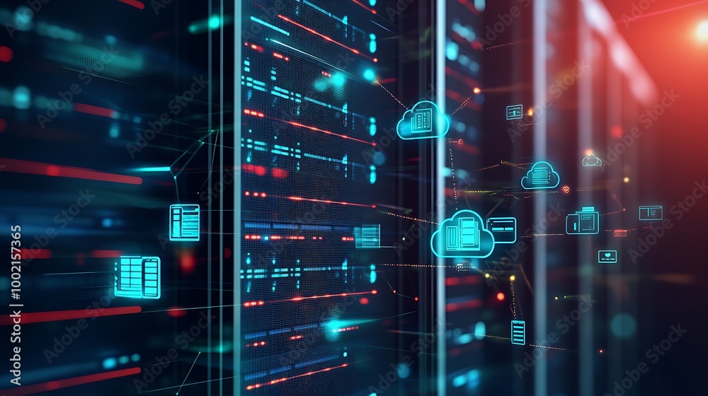 Poster Server racks with cloud computing icons and data flow.