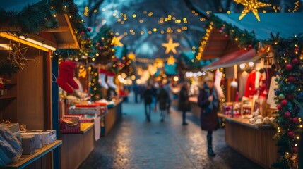 Naklejka premium Blurred image of outdoor christmas market in the evening street with illuminated wooden kiosks decorated with festive lights and ornaments selling christmas goods. Happy new year and merry christmas