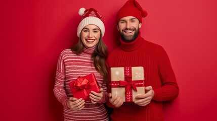 Fototapeta premium Happy couple in santa hats holds christmas gifts against a red background, radiating excitement and love. Perfect for holiday warmth and magic. Happy New Year and Merry Christmas