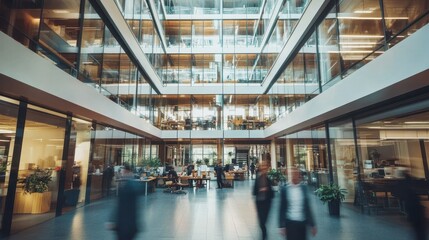 Fototapeta premium Modern Office Building Interior with Blurred Motion of Business People Walking Through Open Workspace