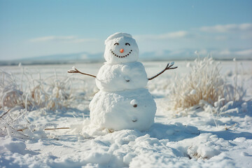 Fototapeta premium Christmas greeting card with bright winter holiday snowman and New Year background