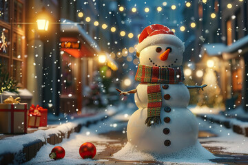 Obraz premium Christmas greeting card with bright winter holiday snowman and New Year background