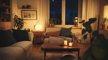 Living room with cozy textiles, soft lighting, and wooden furniture.