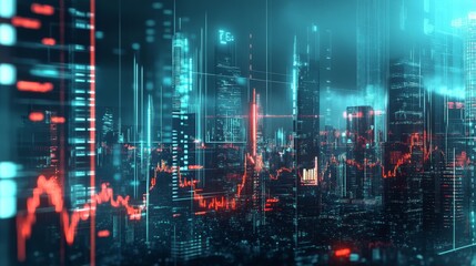 A futuristic cityscape with glowing data visualizations and financial graphs, vividly depicting a blend of technology and urban life.
