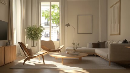 Living room with light wood, neutral tones, and modern, minimalist furniture.