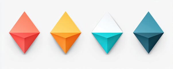 Colorful geometric triangular labels with gradient colors on a clean white background