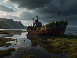 Fototapeta premium Abandoned Shipwreck on a Rocky Coast with Dramatic Clouds