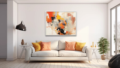 Abstract Painting in White Frame Above White Sofa in Living Room