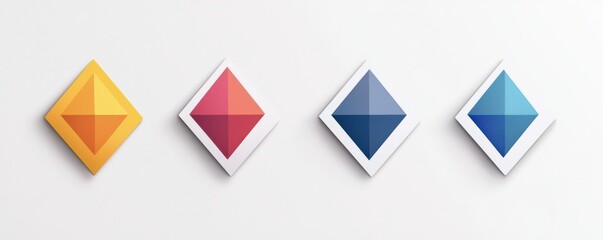 Colorful triangular geometric shapes on white labels in minimalist design with vibrant hues