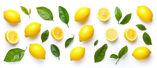 Fresh Lemons and Green Leaves Pattern on White Background - Vibrant Citrus Fruit Arrangement