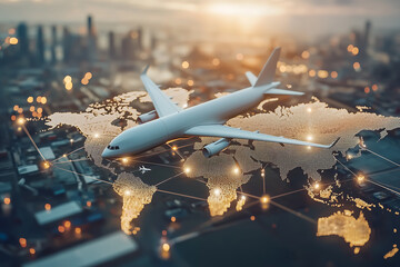 Air cargo logistics paths on an atlas.  Generative AI.