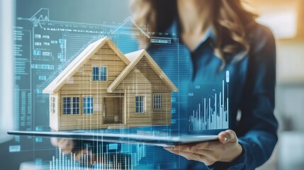 A woman holds a tablet displaying a digital model of a house, symbolizing modern real estate technology and data analysis.
