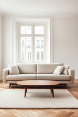 Modern light-colored sofa and wooden coffee table in a bright, spacious living room with parquet flooring and large windows