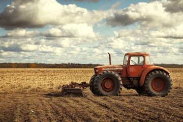Obraz premium A red tractor in a field. This image can be used for agricultural, farming, or machinery topics.