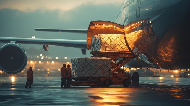Freight loading operation at an airport during twilight, showcasing logistics and cargo management in action.