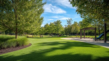Fototapeta premium Fresh green lawns and blue skies serve as a backdrop for a variety of outdoor play activities, creating a lively and sunny environment.