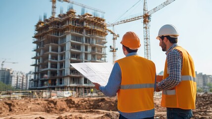 Two construction workers review blueprints at a building site with cranes and a structure under construction in the background.