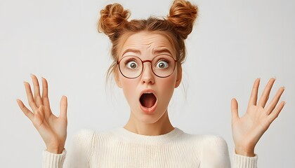 A glasses woman with a wide open mouth in shock, hands raised in surprise, on a white solid background