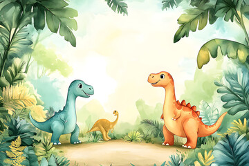 Cute cartoon dinosaur frame border on background in watercolor style. © john