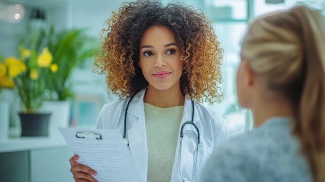 A friendly doctor discusses health with a patient in a modern clinic filled with plants and natural light, emphasizing care and communication.