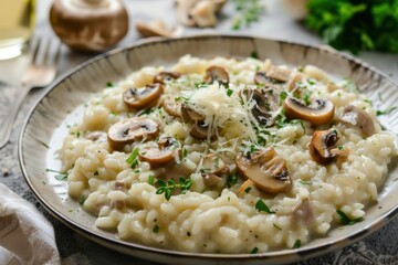 A delicious plate of creamy mushroom risotto with Parmesan cheese, garnished with fresh herbs. Copy space