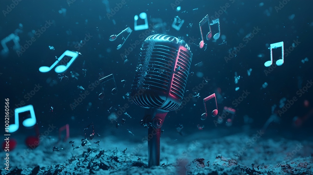 Aufkleber A captivating image showcasing a glowing microphone surrounded by a mesmerizing display of floating musical notes all set against a soft dreamlike bokeh background