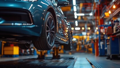 A modern car lifted in an automotive workshop, showcasing advanced technology and equipment in vehicle maintenance.