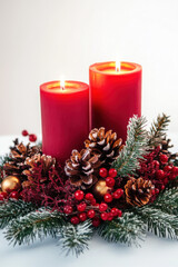 Festive arrangement of two red candles with pine cones, berries, and evergreen branches.
