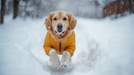 A playful dog joyfully running through the snow, wearing a bright yellow jacket amidst falling snowflakes.