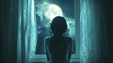 A serene figure gazes at a full moon through a window, creating a mystical and contemplative atmosphere.