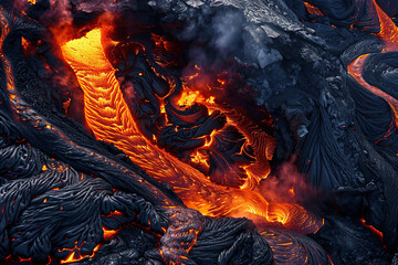 Fototapeta premium Generative ai on theme of erupting volcano with cascading hot lava surrounded thick white smoke